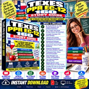 Puede incluir: Una guía de estudio TExES PPR EC-12 160 para los principios de la educación pública en Texas. La portada muestra la bandera de Texas, una pila de libros y una manzana. Incluye 65 preguntas de práctica, las 12 reglas y dominios de examen.