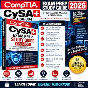 May include: A CompTIA CySA+ CS0-004 exam prep study guide for 2026. The cover features a blue shield icon with a padlock, text detailing 100 practice questions, and a list of cybersecurity topics. A yellow badge indicates an instant download PDF file.