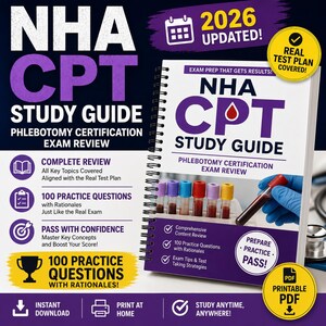 Puede incluir: Una guía de estudio NHA CPT con encuadernación en espiral para la revisión del examen de certificación de flebotomía, actualizada para 2026. La portada presenta texto en morado y blanco, tubos de recolección de sangre e iconos informativos.