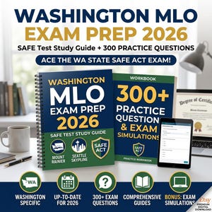 May include: Two spiral-bound books titled "WASHINGTON MLO EXAM PREP 2026" and "WORKBOOK 300+ PRACTICE QUESTION & EXAM SIMULATIONS." The books are dark blue and green with white and yellow text. A tablet and a coffee mug are also visible.