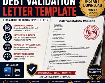 Debt Validation Letter Template, FDCPA Debt Collector Dispute Letter, Editable Word Doc, Credit Repair Printable, Instant Download