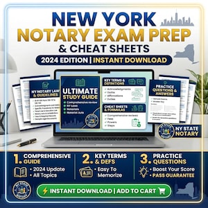 Op de afbeelding: Een digitale advertentie voor New York Notary Exam Prep & Cheat Sheets. De afbeelding toont een laptop met studiehandleidingen, sleuteltermen en oefenvragen. De tekst bevat "2024 Edition" en "Instant Download". Extra tekst benadrukt een uitgebreide gids, sleuteltermen en oefenvragen.