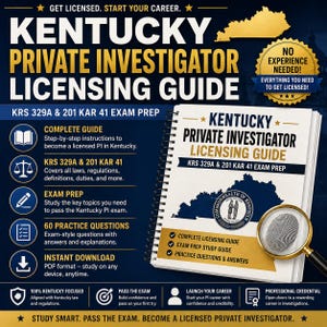 May include: A spiral-bound Kentucky Private Investigator Licensing Guide featuring a gold magnifying glass with a fingerprint icon. The cover displays the state outline, the Commonwealth of Kentucky seal, and text detailing exam prep for KRS 329A.