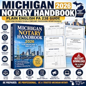 May include: The Michigan Notary Handbook 2026 is a blue guide featuring a bridge and city skyline on the cover. It includes a notary journal, acknowledgment certificate, jurat certificate, copy certification certificate, and a notary invoice template.