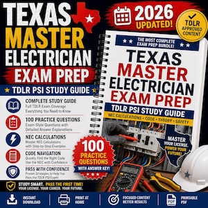 Pode incluir: Um guia de estudo com encadernação em espiral para o exame de eletricista mestre do Texas, atualizado para 2026, com 100 questões de prática, cálculos NEC, teoria e segurança, acompanhado por um multímetro e um capacete de segurança.
