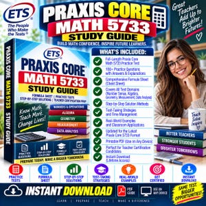 Puede incluir: Una guía de estudio Praxis Core Math 5733 con una portada azul y blanca que incluye el texto Know Math. Teach More. Change Lives! La guía incluye exámenes de práctica, una hoja de fórmulas y soluciones paso a paso para la certificación.