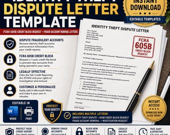 Identity Theft Dispute Letter Template, FCRA 605B Credit Block Request, Fraud Account Removal Letters, Editable Word, Instant Download