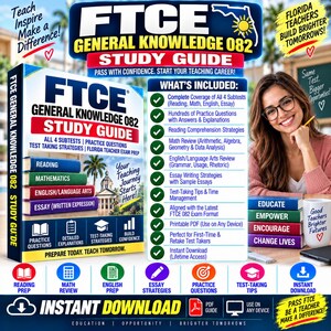 May include: A study guide for the FTCE General Knowledge 082 exam, featuring a book cover with a palm tree and building illustration, a list of included test preparation materials, and a stack of books labeled Educate, Empower, Encourage, Change Lives.