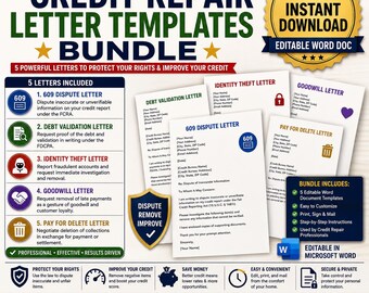 Credit Repair Letter Templates Bundle, 5 Letters, 609 Dispute Debt Validation Identity Theft Goodwill Pay for Delete, Editable Word
