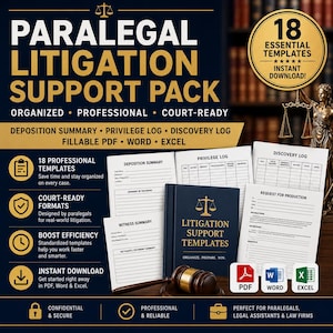 May include: A digital paralegal litigation support pack featuring 18 professional templates including deposition summaries, privilege logs, and discovery logs. The set includes a dark blue binder, a wooden gavel, and PDF, Word, and Excel icons.