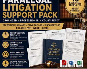 Paralegal Litigation Support Pack | 18 Templates Deposition Summary Privilege Log Discovery Log | Fillable PDF Word Excel