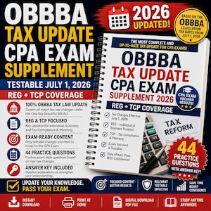 Può includere: Una guida OBBBA Tax Update CPA Exam Supplement 2026 a spirale con copertura REG e TCP. La copertina mostra testi sulle modifiche fiscali in vigore dal 1 luglio 2026, 44 domande di pratica con chiave di risposta e contenuti per l'esame.