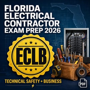 May include: A digital graphic for Florida Electrical Contractor Exam Prep 2026 featuring the text ECLB, Technical Safety + Business, and a PDF icon. The image displays a yellow seal, a brown leather tool belt with various tools, and an electrical panel.
