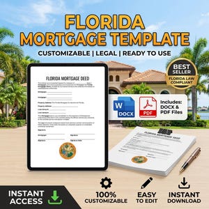 Puede incluir: Una tableta digital y una pila de papel impreso que muestran una plantilla de escritura hipotecaria de Florida. Los documentos incluyen líneas en blanco, un sello estatal, iconos de archivos DOCX y PDF junto a un bolígrafo negro.
