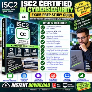May include: An ISC2 Certified in Cybersecurity exam prep study guide featuring a book cover with a lock icon, text detailing 100 practice questions, exam strategies, and real-world knowledge, alongside a list of included features and study benefits.