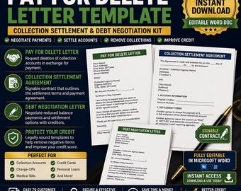Pay for Delete Letter Template, Collection Settlement Agreement, Debt Negotiation Letter with Signable Contract, Editable Word Download