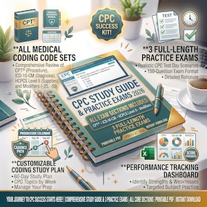 May include: A CPC study guide and practice exams 2026 spiral-bound book with a digital screen showing a test portal. Includes text for medical coding code sets, 3 full-length practice exams, a customizable coding study plan, and a performance tracking dashboard.