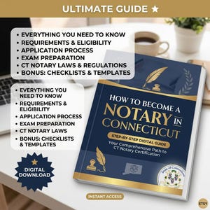 Pode incluir: Um guia digital intitulado "Como se tornar um notário em Connecticut". A capa é azul marinho com detalhes dourados e apresenta texto sobre o processo notarial. O guia inclui listas de verificação, modelos e informações de preparação para exames. "Download digital" também é visível.