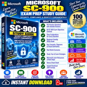May include: A Microsoft SC-900 exam prep study guide for Security, Compliance, and Identity Fundamentals. The cover features a blue city skyline, a padlock icon, and text detailing 100 practice questions, study tips, and exam strategies.