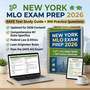 May include: A digital study guide for the New York MLO Exam Prep 2026. The image shows a laptop, a tablet, and a book with the title "NEW YORK MLO EXAM PREP 2026". The guide includes practice questions and covers SAFE Act exam topics.