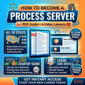 May include: A digital graphic with text that reads "How to Become a Process Server." The image includes a tablet and laptop displaying a PDF guide and video lessons. Additional text highlights a startup guide, legal side hustle, and all 50 states.