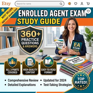 May include: An Etsy listing image for an Enrolled Agent Exam Study Guide. The image shows a woman holding study guides, with text including "360+ Practice Questions & Answers" and "EA Exam 2024". Additional text highlights key features.