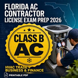 May include: A digital study guide for the Florida AC Contractor License Exam 2026, featuring a yellow circular badge with the text CLASS B AC, and a technician servicing an outdoor air conditioning unit with a manifold gauge set. Printable PDF.