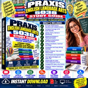 以下が含まれることがあります： Praxis English Language Arts 5038の学習ガイドの表紙。カラフルな本の山、ペン立て、開いた本が描かれています。テキストにはPraxis English Language Arts 5038 Study Guide、content knowledge、および含まれる機能のリストが記載されています。