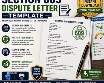 Section 609 Dispute Letter Template, FCRA Credit Report Dispute Letter to Bureaus, Editable Word Doc, Credit Repair Printable, Download
