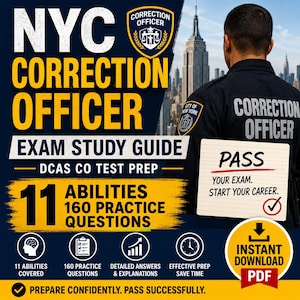 Puede incluir: Una guía de estudio para el examen de oficial correccional de NYC con texto amarillo y blanco sobre fondo azul oscuro. Incluye 11 habilidades, 160 preguntas de práctica y un icono de descarga PDF. La portada muestra un uniforme de oficial.