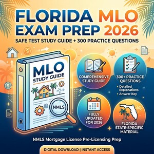 May include: A promotional graphic for Florida MLO Exam Prep 2026. The image features a binder labeled "MLO Study Guide" with icons for a study guide, practice questions, and Florida-specific material. Text includes "Safe Test Study Guide + 300 Practice Questions."