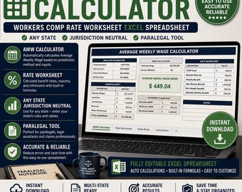Average Weekly Wage Calculator | Workers Comp Rate Worksheet Excel Spreadsheet | Any State Jurisdiction Neutral | Paralegal Tool