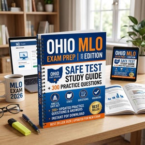 May include: A study guide titled "OHIO MLO EXAM PREP | EDITION" with the text "SAFE TEST STUDY GUIDE + 300 PRACTICE QUESTIONS" is displayed on a wooden desk. A laptop, tablet, and coffee mug with "MLO EXAM 2026" are also visible.