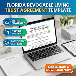 Może przedstawiać: Laptop wyświetla szablon "Florida Revocable Living Trust Agreement". Obraz zawiera ikony do natychmiastowego pobrania, specyficzne dla Florydy i łatwe do edycji. Widoczna jest również fraza "Add to Cart & Download Now".