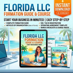 Op de afbeelding: Een advertentie voor een Florida LLC-vormingsgids en -cursus. De afbeelding toont een tablet met de omslag van de gids, een laptop, een smartphone en checklists. Tekst bevat "Start uw bedrijf in minuten!" en "Direct downloaden!"