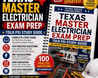 Texas Master Electrician Exam Prep, TDLR PSI Study Guide + 100 Practice Questions, NEC Calculations, Printable Bundle
