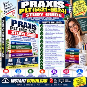 Könnte beinhalten: Ein Praxis PLT 5621-5624 Studienführer mit einem Stapel aus vier farbigen Büchern, die mit Untertest-Themen beschriftet sind. Das Cover enthält Text zu Lern- und Lehrprinzipien, Übungsfragen und Fallstudienantworten. Eine Liste der enthaltenen Funktionen wird zusammen mit Symbolen für den sofortigen Download bereitgestellt.
