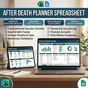 Nach dem Tod Planer | Willensvollstrecker Checkliste & Nachlassausgleich Organizer | Nachlassvermögen Aktiver Nachlassverfolgung | Excel Tabelle