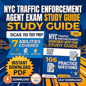 Guía de estudio para el examen de agente de control de tráfico de la ciudad de Nueva York / Preparación para el examen DCAS TEA / 7 habilidades, 106 preguntas de práctica / Descarga instantánea