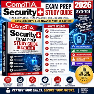 May include: A CompTIA Security+ SY0-701 exam prep study guide book cover featuring a blue digital network background, a padlock icon, and text detailing 100 practice questions, risk formula sheets, and study strategies for IT certification.