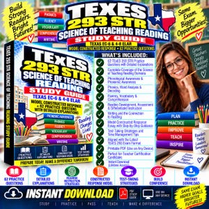 May include: A TExES 293 STR Science of Teaching Reading study guide for Texas EC-6 and 4-8 ELAR. The cover features the Texas state flag, a stack of colorful books labeled with reading domains, and a list of included practice questions.