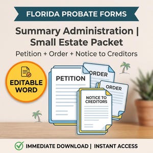 Formularios de sucesión testamentaria para administración sumaria en Florida / Paquete para sucesiones pequeñas / Petición + Orden + Notificación a acreedores / Word y PDF editables