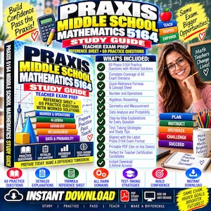 May include: A Praxis Middle School Mathematics 5164 study guide book featuring a stack of colorful books labeled with math topics, a calculator, and a list of included content such as 69 practice questions, exam domains, and a reference sheet.