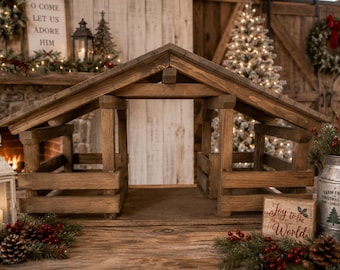 Handcrafted Nativity Stable, Slatted Roof Creche, Walnut Stained