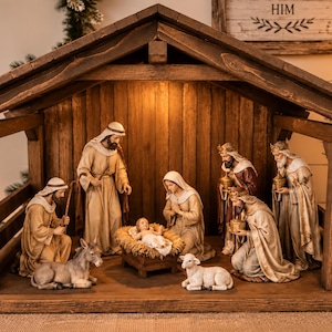 May include: A wooden nativity set featuring figurines of the Holy Family, three wise men, a donkey, and a lamb inside a stable structure. The figures are dressed in neutral-toned robes, with the infant Jesus resting in a small manger.