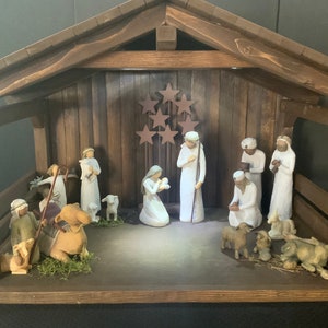 New, Ready to Ship, Med. Stain  Signature Super large solid roof wood nativity stable, Christmas, crèche, 31”wide 20” tall 17”deep