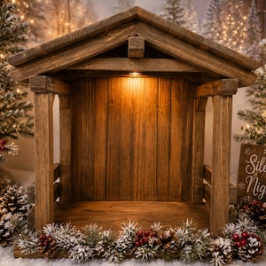 X-Deluxe Tall Wood Nativity Scene Stable,  20”x19”x12”, holiday decor, Easter Crèche, Christmas Stable. Nativity Barn, comes with light,