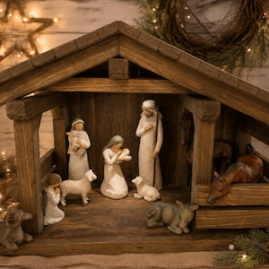 Ready to Ship…Mid Size Wood Nativity Scene Stable /Barns, Mangers, 23"x14 3/4"x12" single stall creche, primitive, Nativity Barn, Church