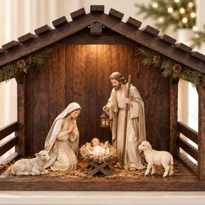 May include: A wooden nativity scene featuring figurines of Mary, Joseph, and the infant Jesus in a manger. The set includes two sheep and is housed within a dark brown wooden stable structure decorated with green pine branches and pinecones.