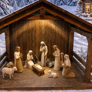 May include: A wooden nativity set featuring carved figures of the Holy Family, shepherds, and animals arranged inside a rustic wooden stable structure. The scene includes a manger with an infant, sheep, and a donkey, all set on a flat wooden base.
